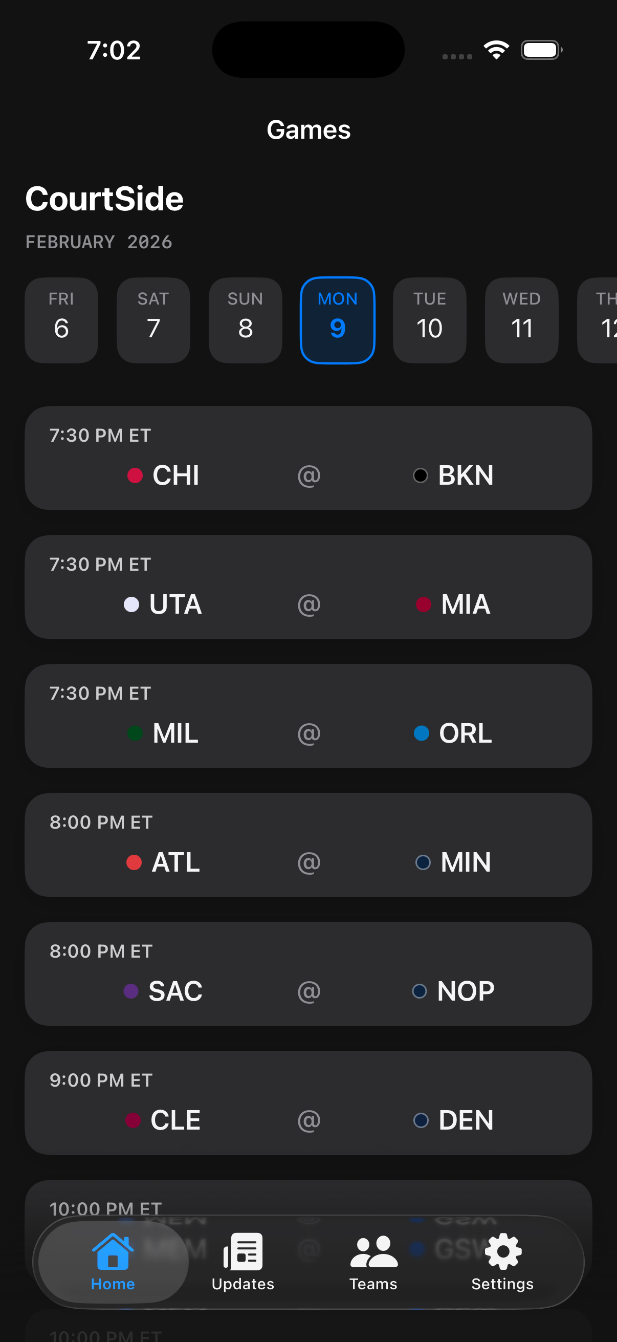 Courtside home screen showing live NBA games