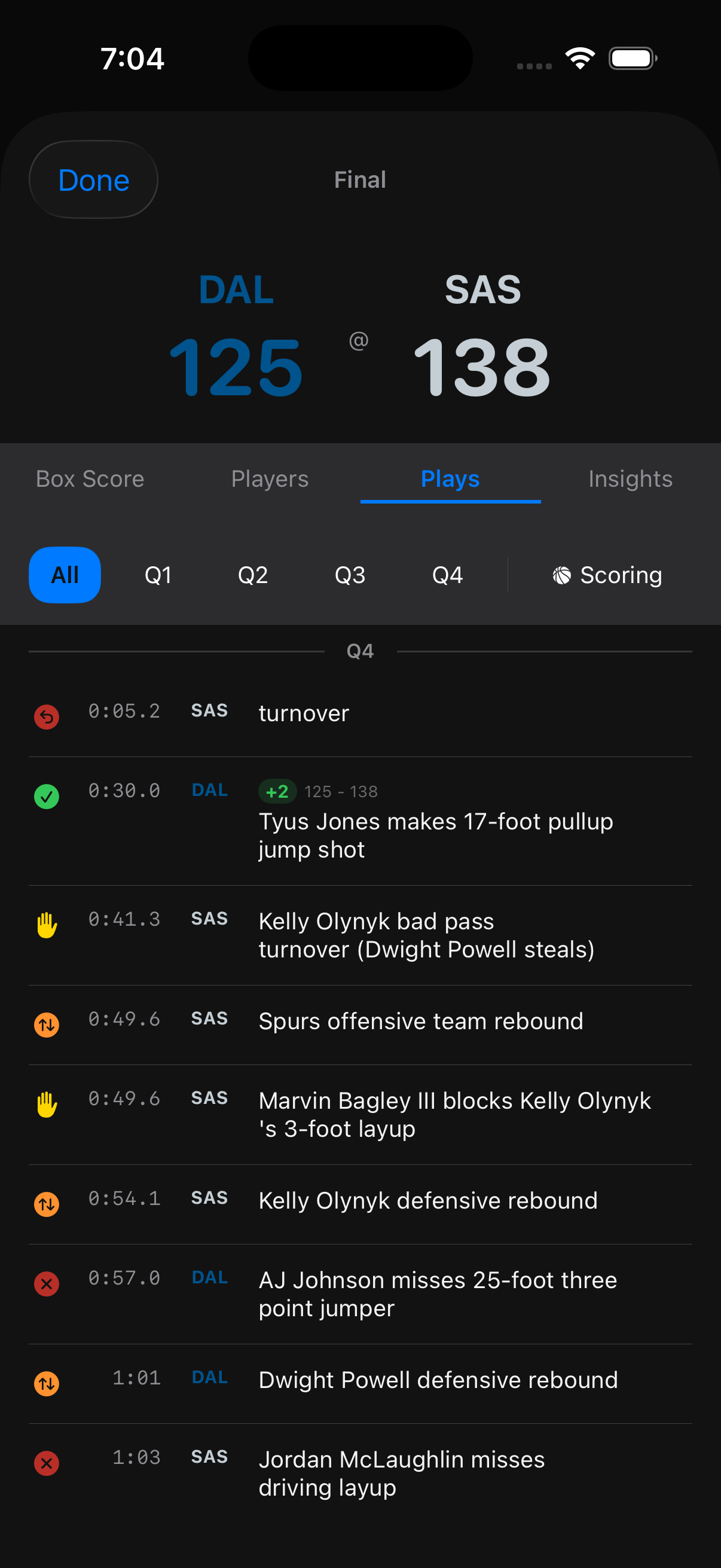 Play-by-play game timeline